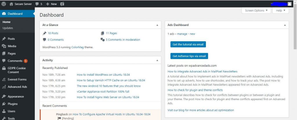 Wordpress Dashboard